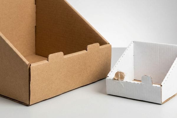 Two corrugated countertop display boxes, brown and white, showing a smaller E-flute box with tape on a tab, highlighting assembly issues.