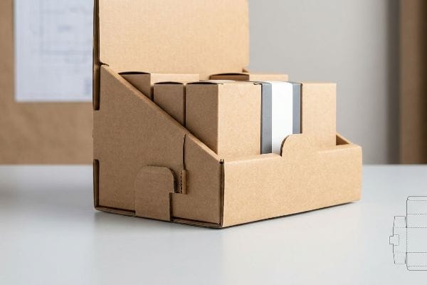POS Cardboard Display Brown E-flute corrugated cardboard countertop display with tiered slots holding product boxes, featuring friction lock tabs.