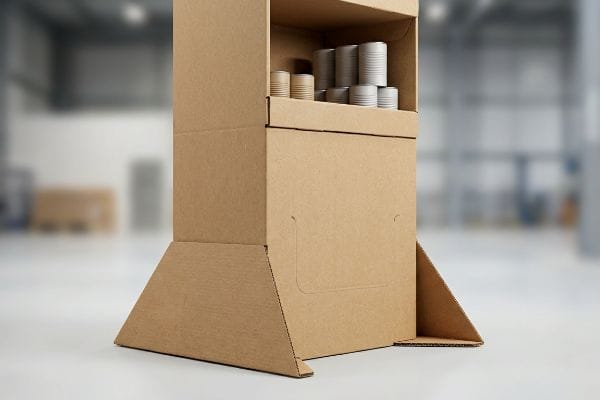 Brown E-flute cardboard display stand with a wide, stable base, holding cylindrical canned goods.