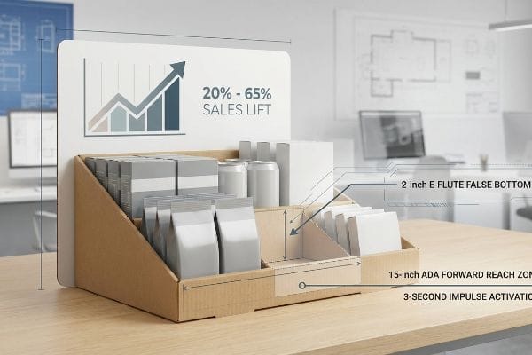 Cardboard countertop display with 2-inch E-Flute False Bottom, 15-inch Ada Forward Reach Zone, showing 20-65% Sales Lift.