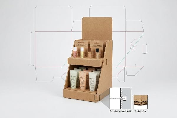 Corrugated E-flute countertop display for cosmetics, showing dieline, interlocking tab & slot, and crushed E-flute detail.