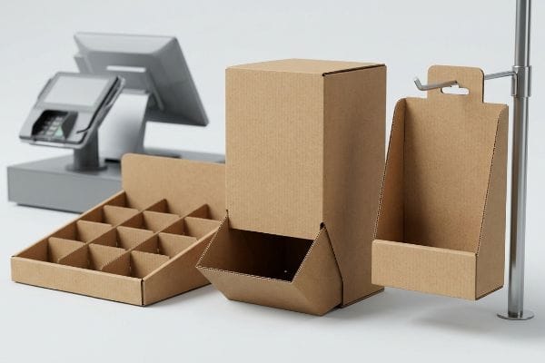 Three POS Display Types Natural E-flute corrugated cardboard POS displays, including a countertop tray, gravity feed dispenser, and hanging sidekick attachment, near a checkout register.