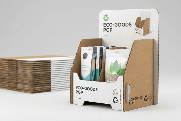 Eco-Goods Cardboard Display Displaying a corrugated cardboard Eco-Goods Pop retail display stand filled with eco-friendly products, alongside flat-pack sheets.