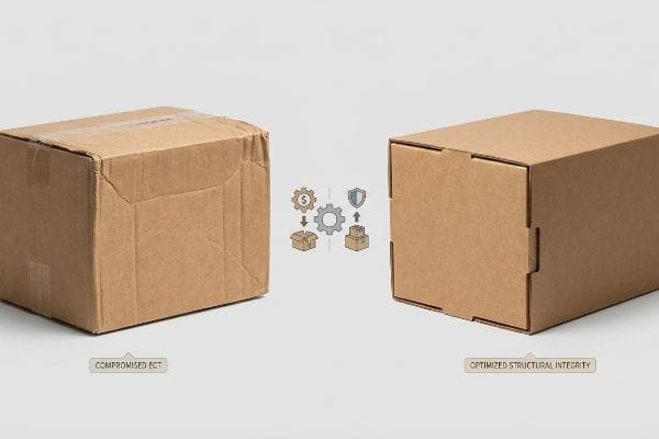 Packaging ECT Comparison Brown cardboard boxes contrasting 'Compromised ECT' with 'Optimized Structural Integrity' for packaging performance.