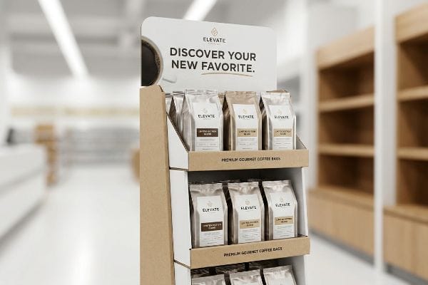 Elevate Coffee Display A retail store aisle features an Elevate coffee point-of-purchase display, inviting shoppers to "Discover Your New Favorite" with Premium Gourmet Coffee Bags.