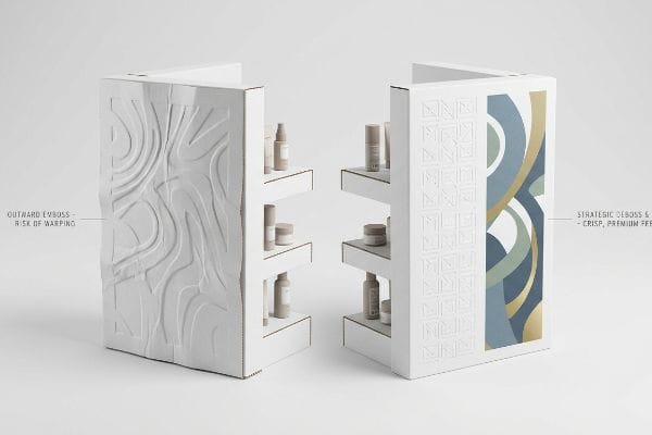 Emboss vs Deboss Display White cardboard cosmetic displays comparing outward emboss with risk of warping to strategic deboss with crisp, premium graphic feel.