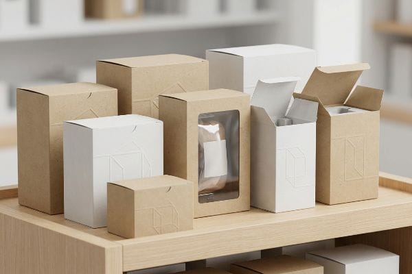 CPG Packaging Solutions Display Various CPG packaging boxes, including kraft and white paperboard, some with embossed patterns and a window, displayed on a wooden shelf.