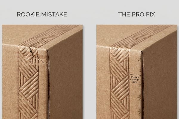 Brown corrugated box corners: 'Rookie Mistake' torn embossing on fold, 'The Pro Fix' with '0.75 Inch Exclusion Zone'.