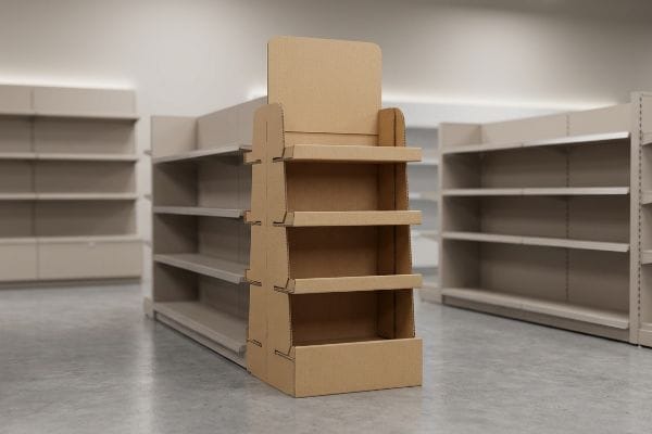 An empty brown cardboard free-standing display unit (FSDU) stands prominently in a retail store aisle, surrounded by blurred, empty metal shelving.