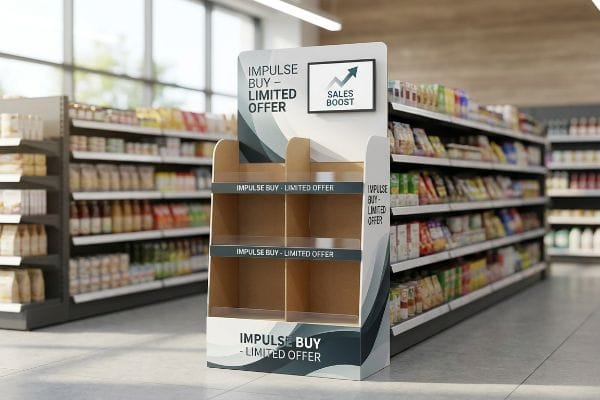 Supermarket aisle with an empty cardboard point-of-purchase display, featuring 'Impulse Buy - Limited Offer' and a 'Sales Boost' digital screen.