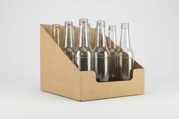 Brown corrugated cardboard PDQ tray holding six empty clear glass bottles, designed for retail shelving.