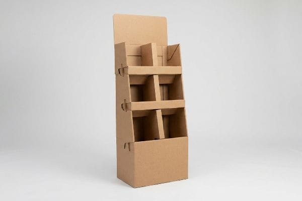 Présentoir de sol en carton vide Présentoir de sol autoportant en carton ondulé brun à trois niveaux vides, conçu pour la vente au détail.