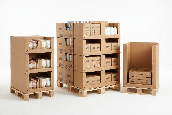 Three corrugated cardboard pallet displays: a loaded quarter pallet, a stacked full pallet, and an empty quarter pallet with inserts, on wooden bases.