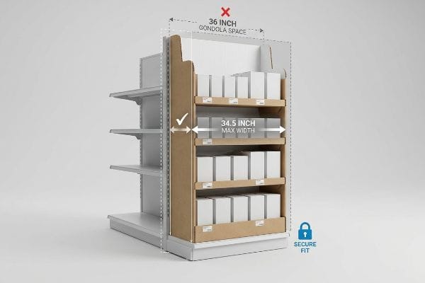 Cardboard end cap display showing 34.5 Inch Max Width for secure fit in a 36 Inch Gondola Space, preventing installation friction.
