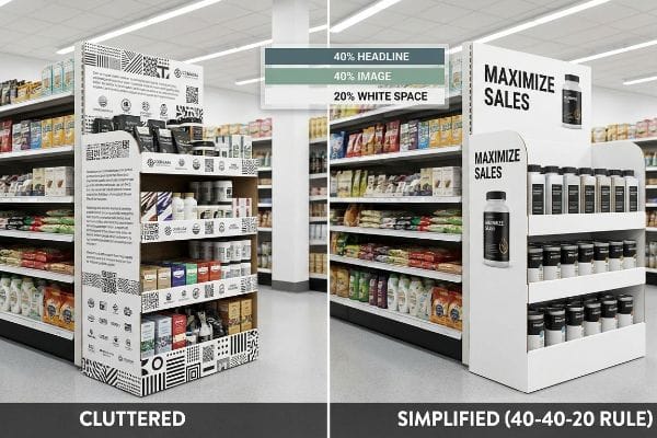 Contrasting cluttered retail end cap with dense text and QR codes against a simplified 40-40-20 rule display featuring 'Maximize Sales' and white space.