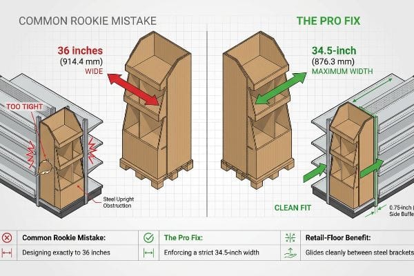 Cardboard retail end cap comparison: a 36-inch wide display causing steel upright obstruction vs. a 34.5-inch pro fix with 0.75-inch side buffer for clean fit.