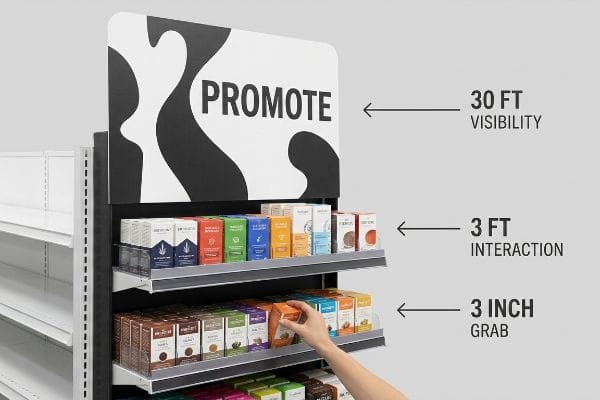 A retail endcap display showcases the 3-3-3 rule, featuring a "Promote" header, rows of boxed products, and a hand reaching for an item, with arrows indicating "30 FT Visibility," "3 FT Interaction," and "3 Inch Grab."