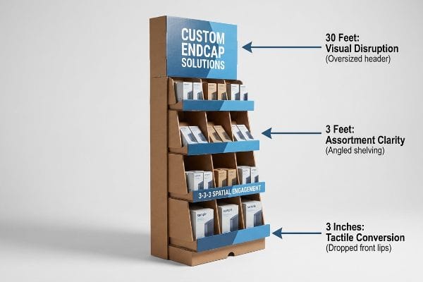 Endcap Spatial Engagement Continuum Corrugated endcap display for Custom Endcap Solutions, illustrating 3-3-3 Spatial Engagement: oversized header (Visual Disruption), angled shelving (Assortment Clarity), and dropped front lips (Tactile Conversion).