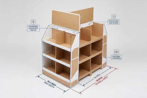 Corrugated cardboard endcap display with technical specs: Engineered Clearance Buffer, Structural CAD Design, Material Thickness, 34.5 Inch Max Width, 36 Inch Gondola Width.
