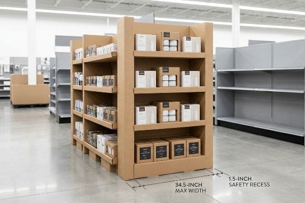 Endcap Width Safety Recess Corrugated cardboard endcap display showing 34.5-Inch Max Width and 1.5-Inch Safety Recess for retail products.