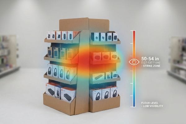 Heat map on endcap display highlights 50-54 inch Strike Zone for electronics, showing Low Visibility at Floor Level.