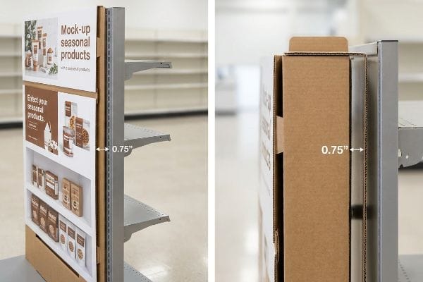 Corrugated cardboard endcap display with 0.75-inch air gap from metal gondola, preventing artwork scraping.