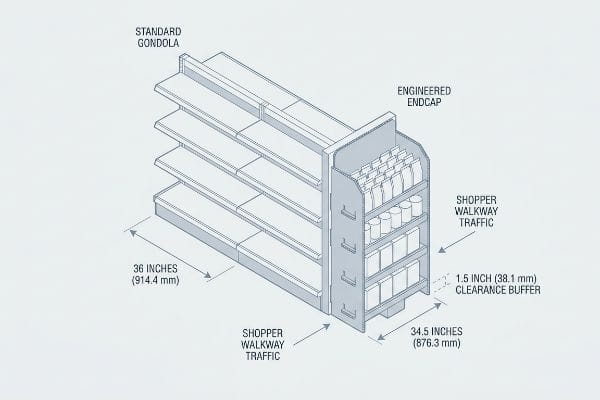Isometric diagram of a Standard Gondola (36 inches) and Engineered Endcap (34.5 inches) with 1.5 inch Shopper Walkway Traffic clearance.