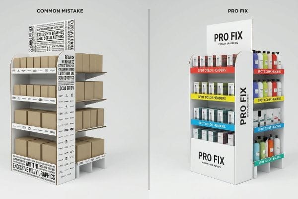 Corrugated endcap displays comparing a 'Common Mistake' with excessive graphics and plain boxes, to a 'Pro Fix' display with clean branding and spot color headers.