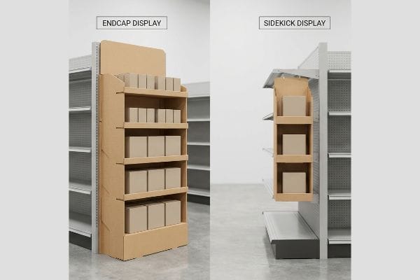 Endcap Sidekick Displays A retail store setting features a Cardboard Endcap Display and a hanging Cardboard Sidekick Display, both next to metal shelving.