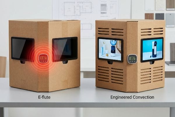 Corrugated displays: E-flute box 118° overheating, Engineered Convection box 85° with vents and active screens.