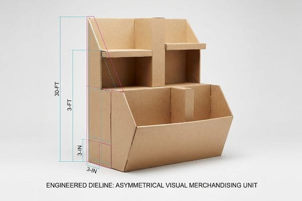 Asymmetrical Dieline Display Brown B-flute cardboard Engineered Dieline: Asymmetrical Visual Merchandising Unit, displaying 30-FT, 3-FT, 3-IN spatial engagement measurements.