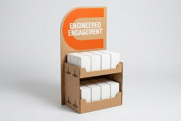 Engineered Engagement Display Corrugated cardboard POP display, two tiers of white boxes. Header with orange 'C' and 'Engineered Engagement' text.