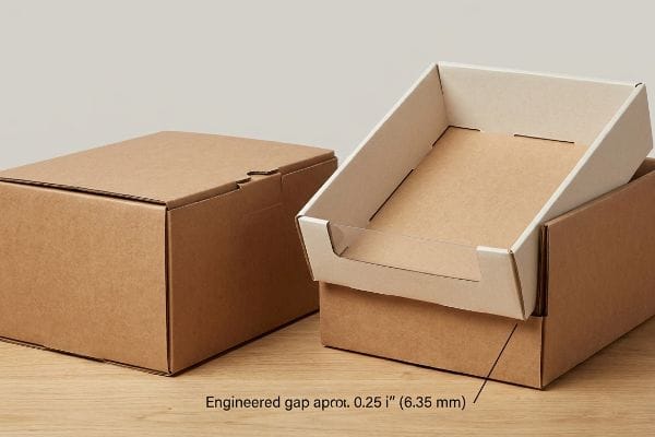 Brown corrugated cardboard boxes display an engineered gap of 0.25 inches (6.35 mm) for nested retail trays.