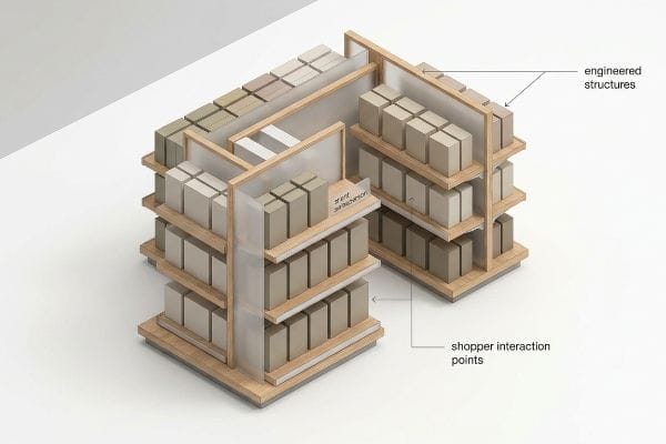 Retail display unit details Engineered Structures, Shopper Interaction Points, beige product boxes.