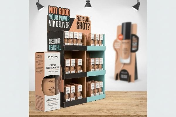 Erevlive Cosmetic Display Cardboard retail display for Erevlive cosmetics, showcasing foundation bottles in custom folding cartons with 'Not Good Your Power Will Deliver' header.