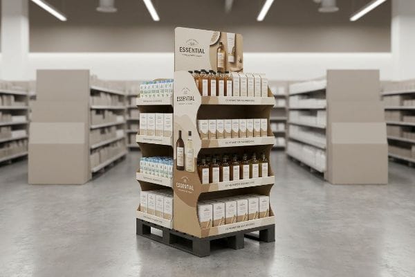 Essential Product Display A retail store aisle features a branded corrugated Point of Purchase display for 'Essential' products, showcasing bottles and boxes on multiple shelves.