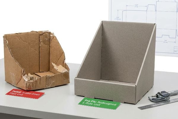 Failed vs. Pro Fix A crumpled brown cardboard display labeled 'Failed: Scaled Down Floor Unit' sits beside a pristine grey 'Pro Fix: Redesigned E-flute Unit' with a micrometer.