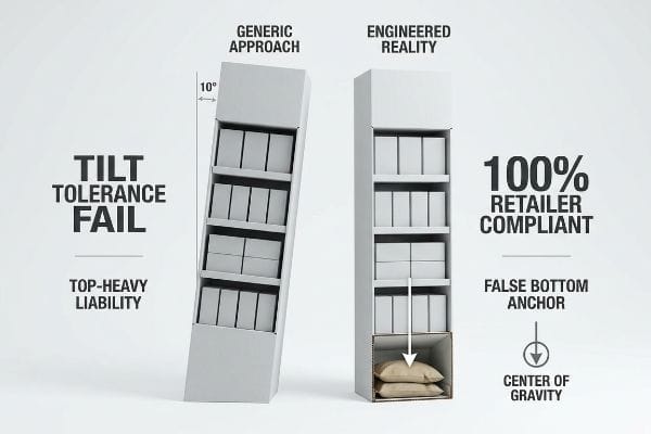 Display Stability Comparison Generic Approach retail display tilted 10 degrees, labeled Tilt Tolerance Fail and Top-Heavy Liability, contrasted with an upright Engineered Reality display featuring a False Bottom Anchor and Center of Gravity, marked 100% Retailer Compliant.