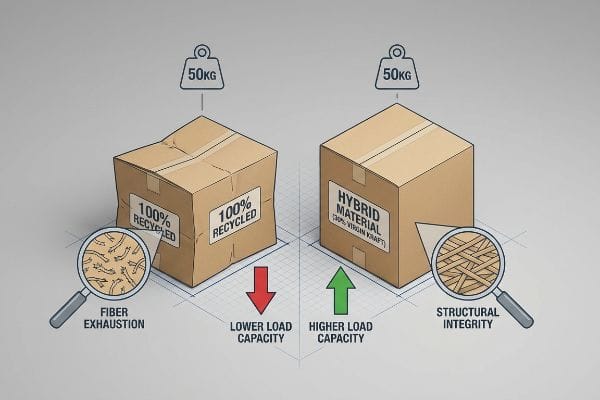 Boîte recyclée ou hybride Une comparaison visuelle montre une boîte 100% recyclée avec épuisement des fibres et une capacité de charge inférieure par rapport à une boîte en matériau hybride avec intégrité structurelle et capacité de charge supérieure, les deux pesant moins de 50 kg.