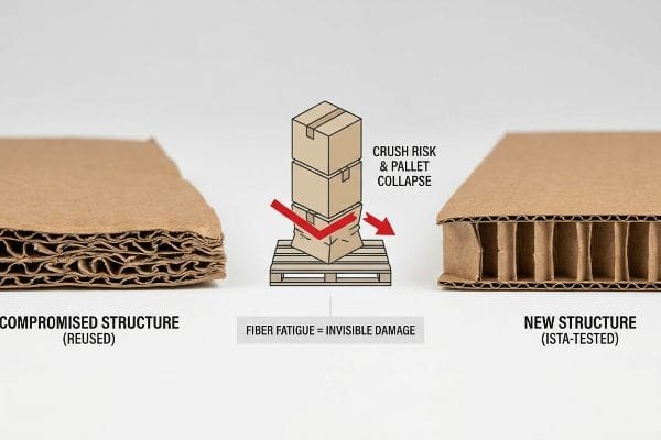 Compromised Structure (Reused) cardboard and New Structure (ISTA-Tested) cardboard, showing Crush Risk, Pallet Collapse, Fiber Fatigue, and Invisible Damage.