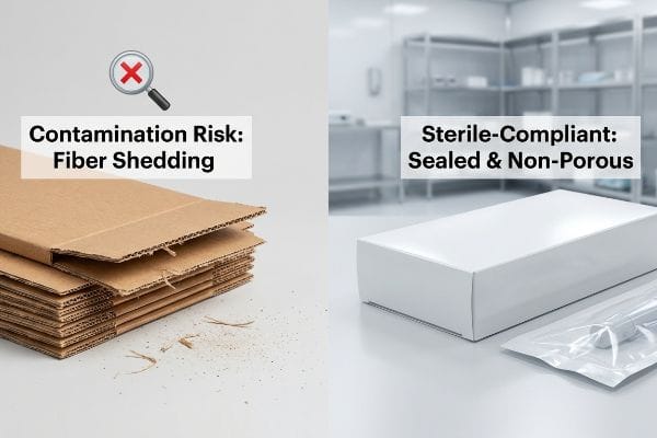 Brown corrugated cardboard showing fiber shedding, labeled 'Contamination Risk', contrasted with a white 'Sterile-Compliant: Sealed & Non-Porous' box.