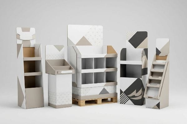 Retail Cardboard Display Assortment Five cardboard point-of-purchase displays: floor stands, countertop PDQ, pallet merchandiser, and end-cap units with geometric patterns.