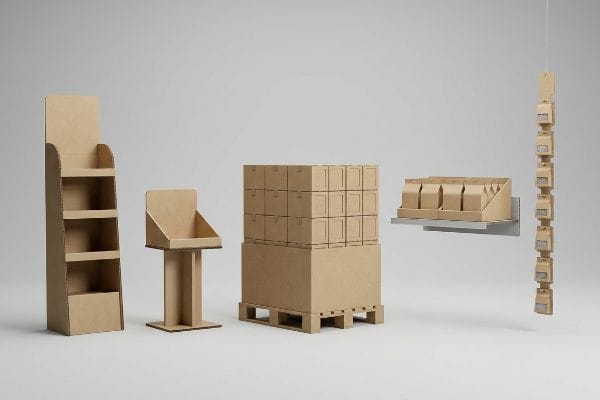 Corrugated cardboard retail displays: floor unit, countertop merchandiser, pallet structure, shelf-ready tray, and hanging clip strip.