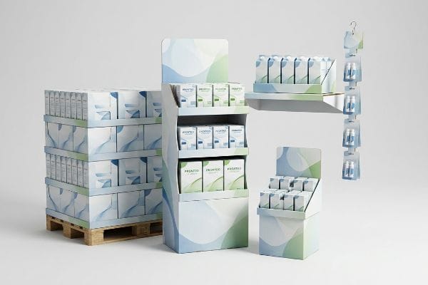 Cardboard retail displays for Prontoo, Lacrima, and Ecopro products, featuring a pallet, floor unit, countertop, shelf-ready tray, and hanging clip strip.