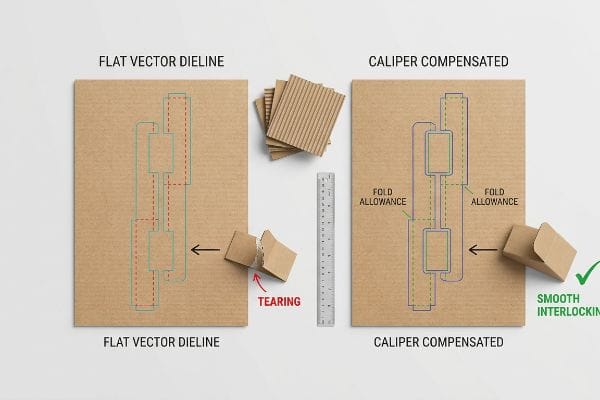 Corrugated cardboard demonstrates Flat Vector Dieline's Tearing versus Caliper Compensated dieline's Smooth Interlocking, highlighting Fold Allowance.