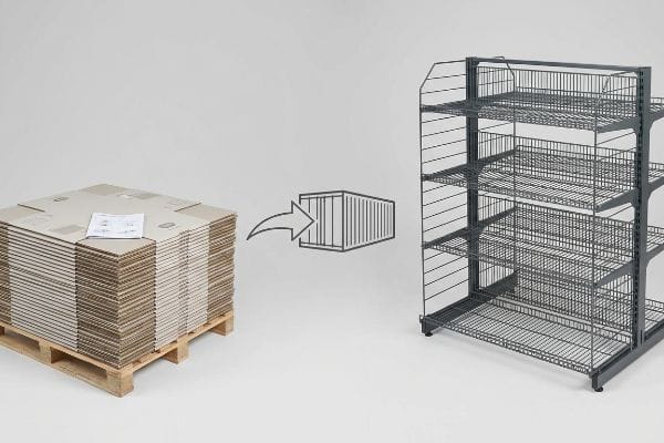 Corrugated vs Metal Shipping Flat-packed corrugated displays on a pallet, a shipping container icon, and an assembled metal wire rack, highlighting freight density.