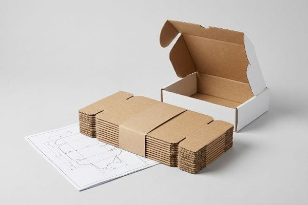 Caixas de papelão ondulado marrom, desmontadas e prontas para embalagem, ao lado de uma caixa de transporte branca aberta e um projeto de embalagem.