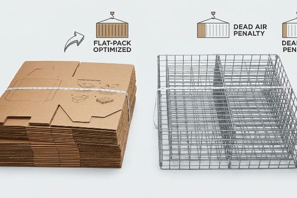 Flat-packed corrugated cardboard boxes and wire mesh baskets, contrasting 'Flat-Pack Optimized' shipping with 'Dead Air Penalty' for freight efficiency.