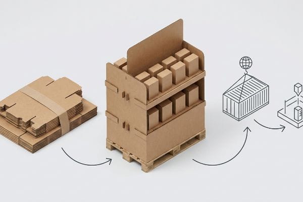 Assembled cardboard display on a pallet, showing flat-packed carton sheets transforming into a retail structure, with an illustration of shipping logistics.