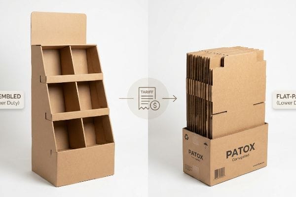 Brown corrugated cardboard display, Assembled vs. Flat-Pack, with a Tariff icon, highlighting Patox Corrugated for duty savings.